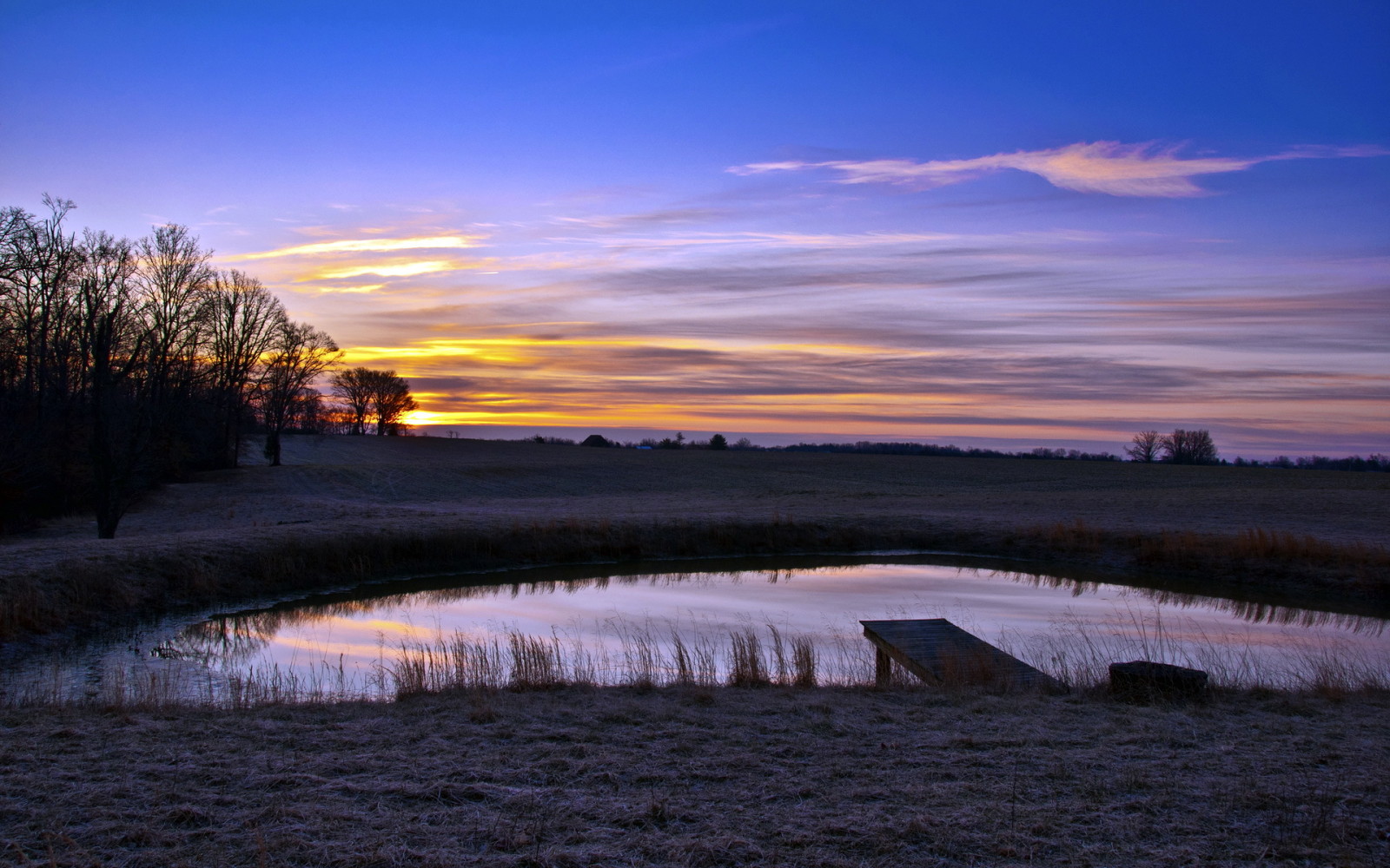 Sonnenuntergang, Landschaft, Brücke, Teich