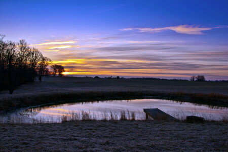 Bro, landskap, dam, solnedgang