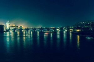 ponte, Repubblica Ceca, luci, notte, Praga, fiume