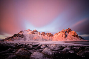 wolken, gloed, meer, bergen, sneeuw, de lucht, winter