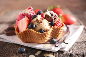 berries, dessert, ice cream, napkin, waffles