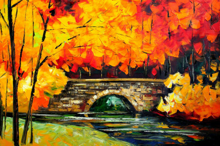 autumn, Bridge, landscape, leaves, picture, river, trees