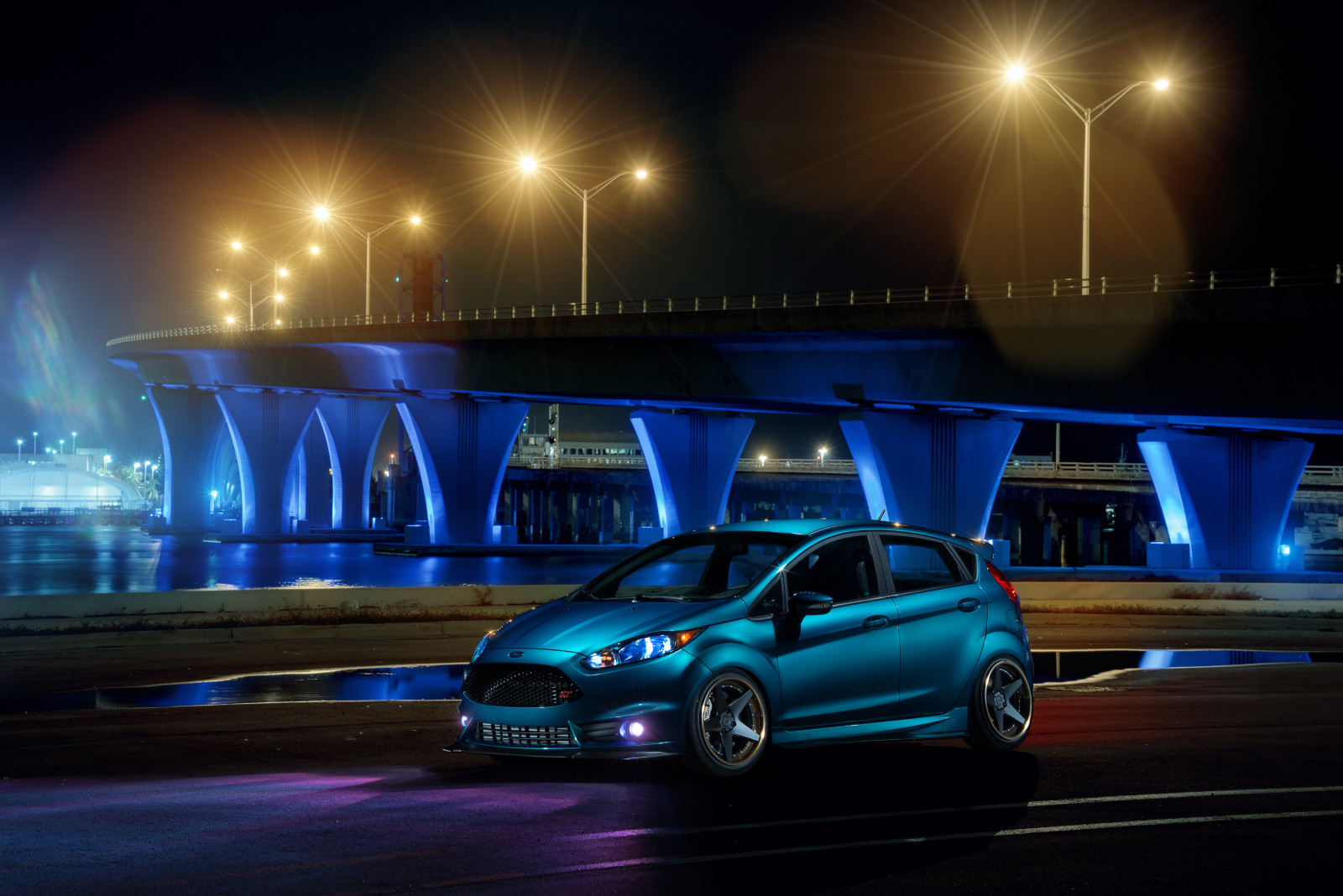 Blau, Ford, Nacht, Brücke, Vorderseite, Räder, Fiesta, Adv.1