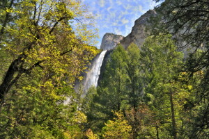 Jeseň svadobný, CA, hory, skaly, stromy, USA, vodopád, Yosemitský národný park