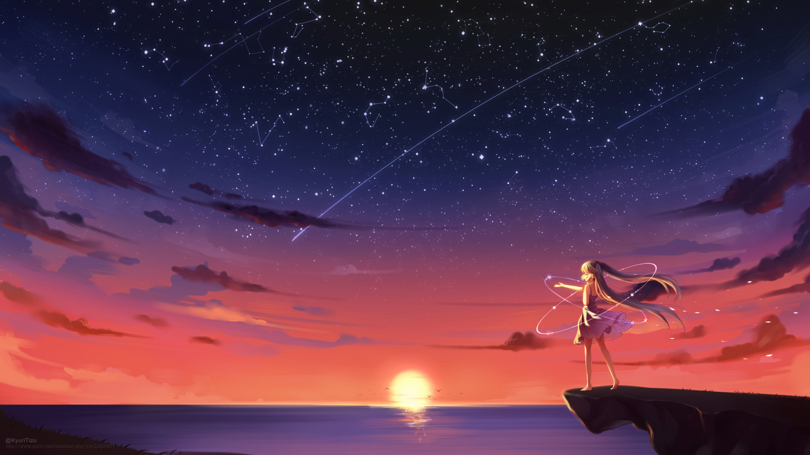 el cielo, niña, puesta de sol, Arte, nubes, anime, el sol, estrellas