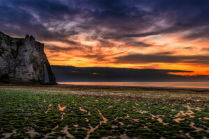 paisaje, mar, apuntalar, puesta de sol