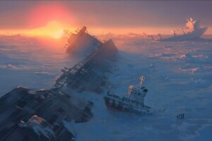 alexiuss, Apocalypse, art, Fiction, Frozen, ice, sea, ship