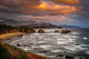 clouds, landscape, mountains, Oregon, rocks, sea, the sky, USA