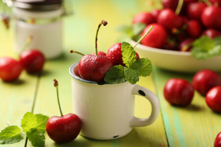 berries, Cherry, drops, mint, mug, red