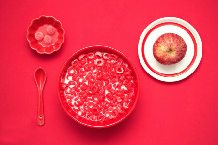 manzana, cereal, taza, desayuno rojo