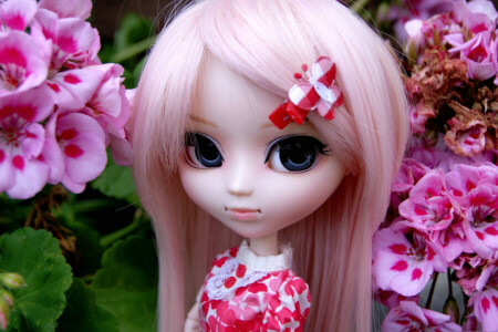 Barrette, doll, flowers, pink hair, toy