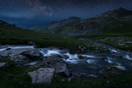 France, mountains, night, river, stars, stones, stream, The Mercantour national Park