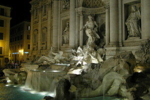 fuente, hogar, Italia, luces, Roma, escultura, la noche, Trevi