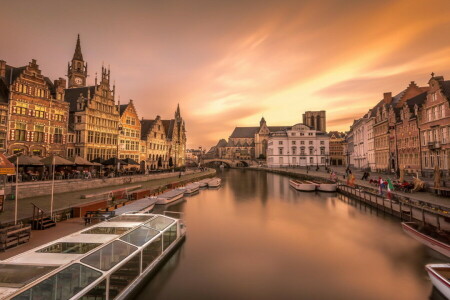 Bélgica, barcos, Europa, Gante, hogar, río, la ciudad