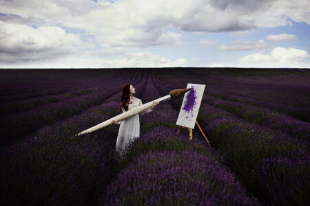 brush, field, girl, lavender, picture