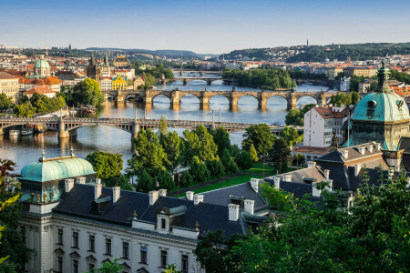 des ponts, République Tchèque, Accueil, panorama, Prague, Le ciel, La rivière Vltava