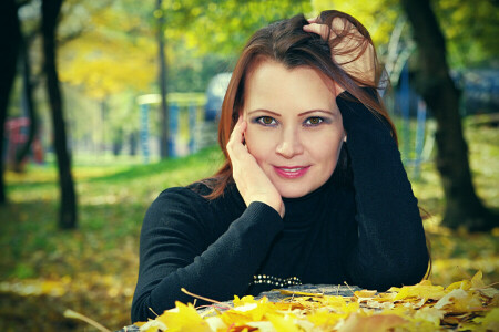 autumn, blur, bokeh, brown hair, face, girl, hands, leaves