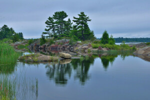 lake, rock, stones, the sky, trees