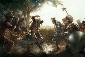 art, battle, Brasil, forest, Jaguar, puddles, weapons