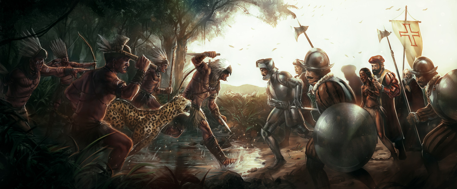 forest, art, battle, weapons, Jaguar, Brasil, puddles