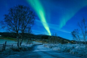 Koford, Municipio de Kvæfjord, Auroras boreales, Noruega, la carretera, el cielo, arboles, Troms