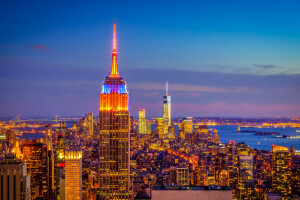 bulutlar, Empire State binası, ev, ışıklar, Manhattan, New York, panorama, gün batımı