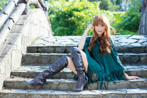 boots, cape, girl, hair, look, sitting, steps, style