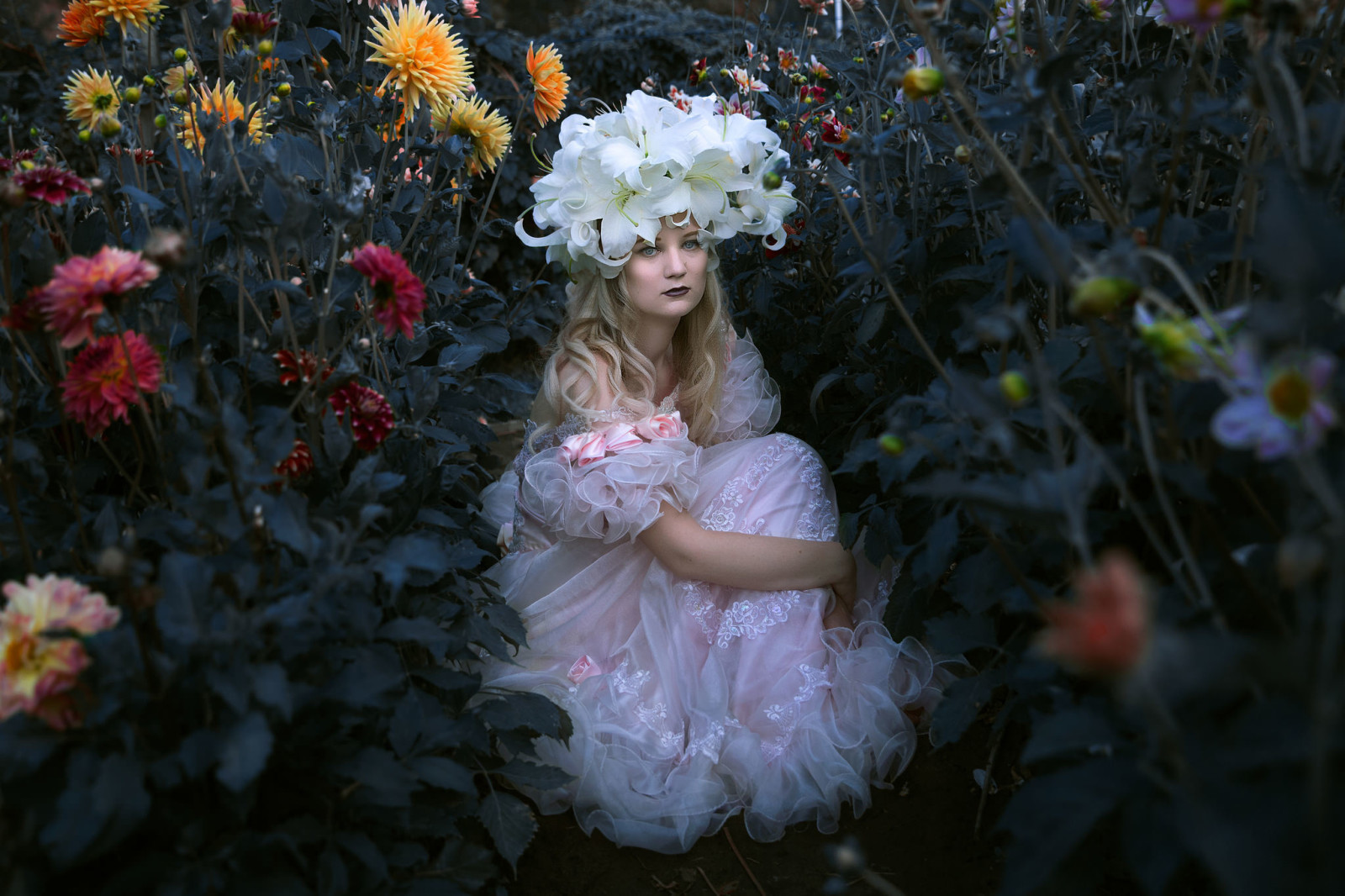 mood, girl, flowers, dress, Lily, wreath, dahlias, Holly Brown