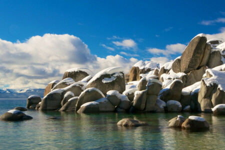 California, nubes, lago, nieve, piedras, Tahoe, el cielo, Estados Unidos