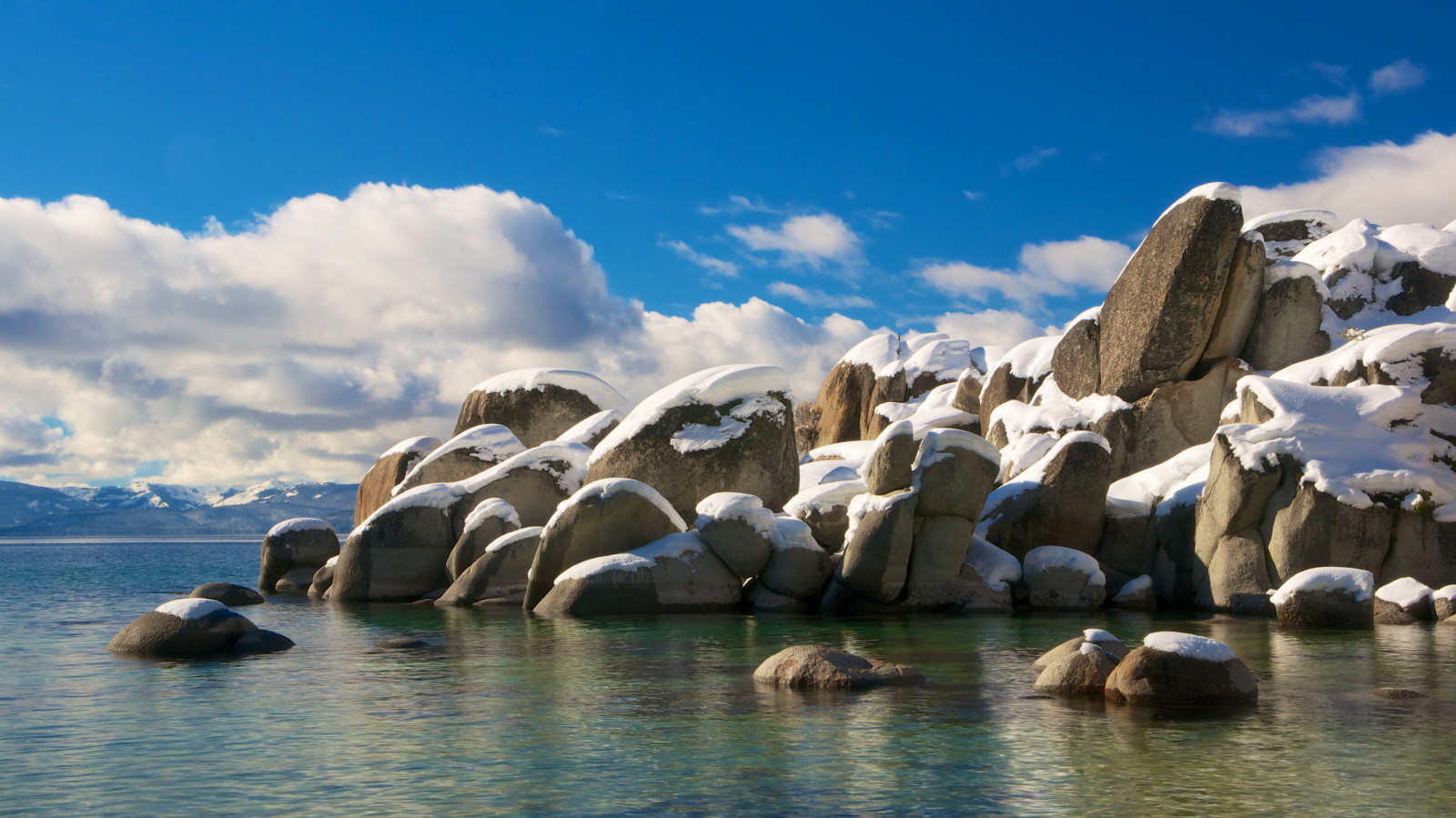 snow, the sky, lake, stones, clouds, USA, CA, Tahoe