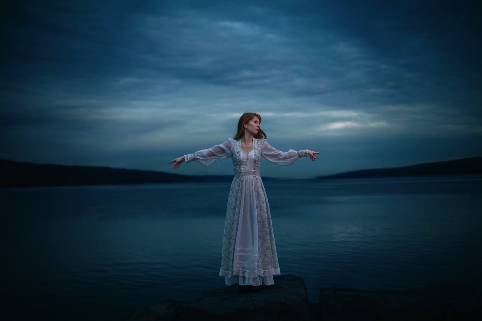 girl, night, dress, stone