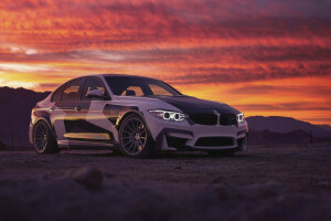 E, Preto, BMW, nuvens, Frente, luz, céu, pôr do sol