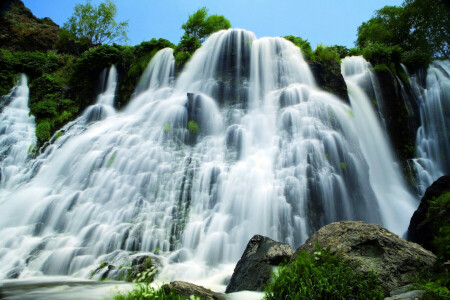 Armenia, río, Shaki, piedras, corriente, los arbustos, La cascada de Shaki, cascada