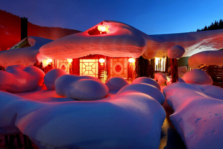 maison, lumières, Nouvel An, neige, la neige, hiver