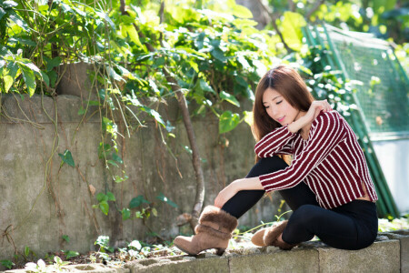 asiatique, visage, figure, fille, cheveux, Regardez, été