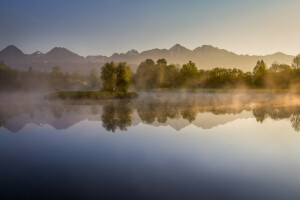 bosque, calina, lago, Mañana, montañas, arboles