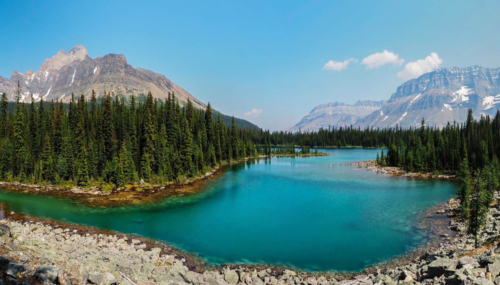 les, jezero, kameny, stromy, Kanada, hory, Národní park Yoho