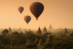 balloons, Myanmar, Pagan, pagoda, temples, the sky