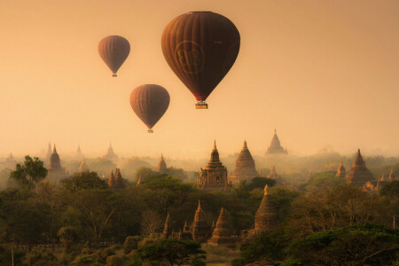 balloner, Myanmar, Pagan, pagode, templer, himlen