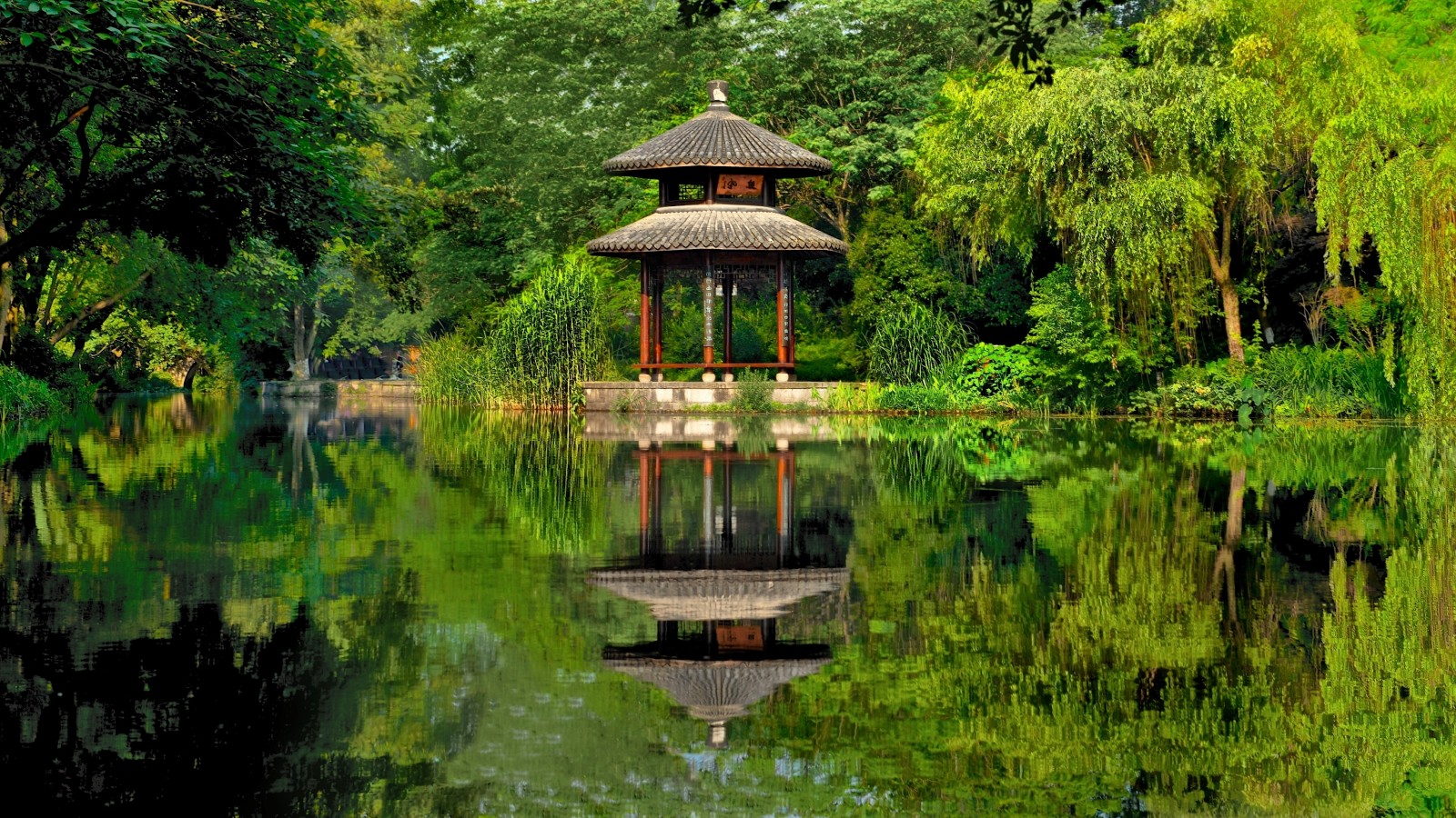 Park, lake, reflection, pond, gazebo, China