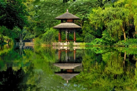 China, gazebo, lake, Park, pond, reflection