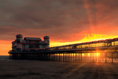 skyer, England, glød, Grand Pier, lys, gennembore, stråler, hav