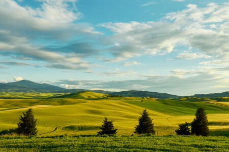 nori, camp, iarbă, verdeaţă, dealuri, Italia, spaţiu, cerul