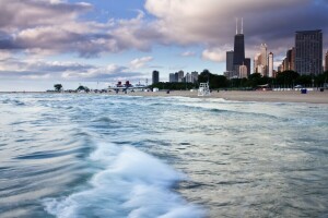 America, beach, Chicago, Il, sand, shore, skyscrapers, USA