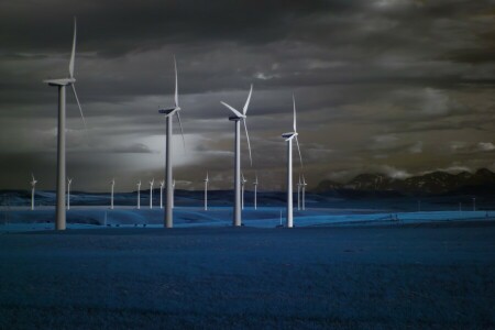 field, night, windmills