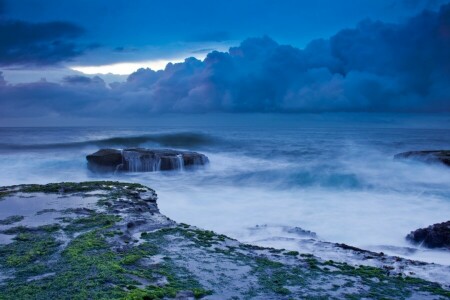 nuvens, pedra, tempestade, O oceano, o céu