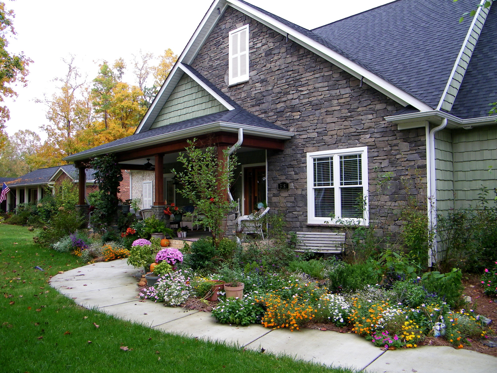 græs, blomster, græsplæne, spore, buskene, Mansion, autumn.house