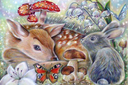 art, Bambi, BUTTERFLY, mushroom, rabbit, thumper