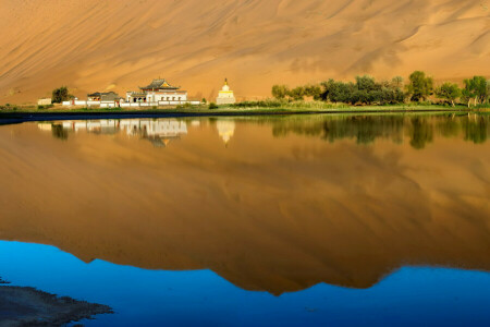 Asia, Barkhan, Duna, casa, lago, oasis, pagoda, reflexión