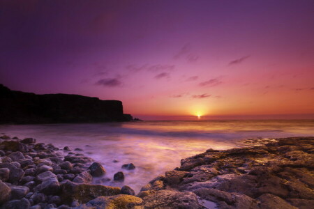 amanecer, abierto, mar, apuntalar, piedras